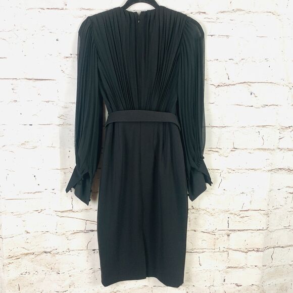 Badgley Mischka Women's Black Puff Pleated Sleeve Bodycon Sheath Midi Dress Sz 0 - Picture 2 of 7